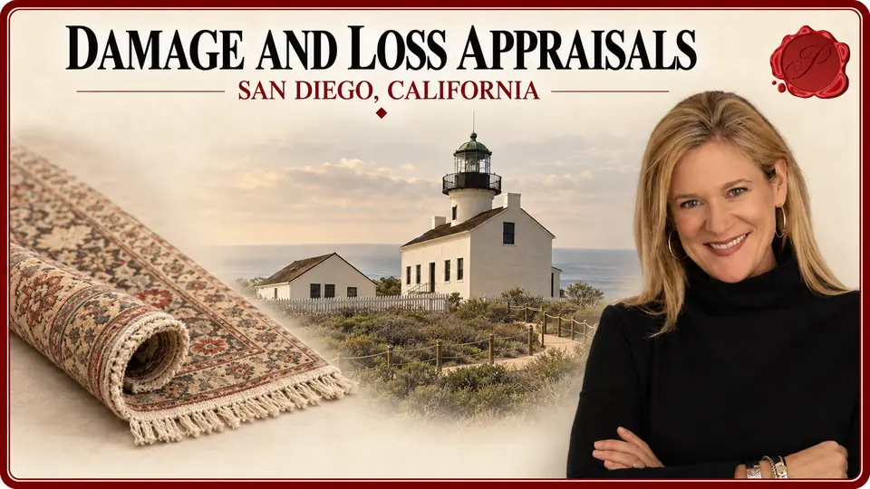 Damage and Loss Appraisals card with a partly rolled patterned wool rug, an appraiser portrait and Old Point Loma Lighthouse in San Diego, California.