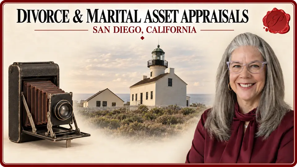 Divorce & Marital Asset Appraisals card with an antique folding bellows camera, an appraiser portrait and Old Point Loma Lighthouse in San Diego, California.