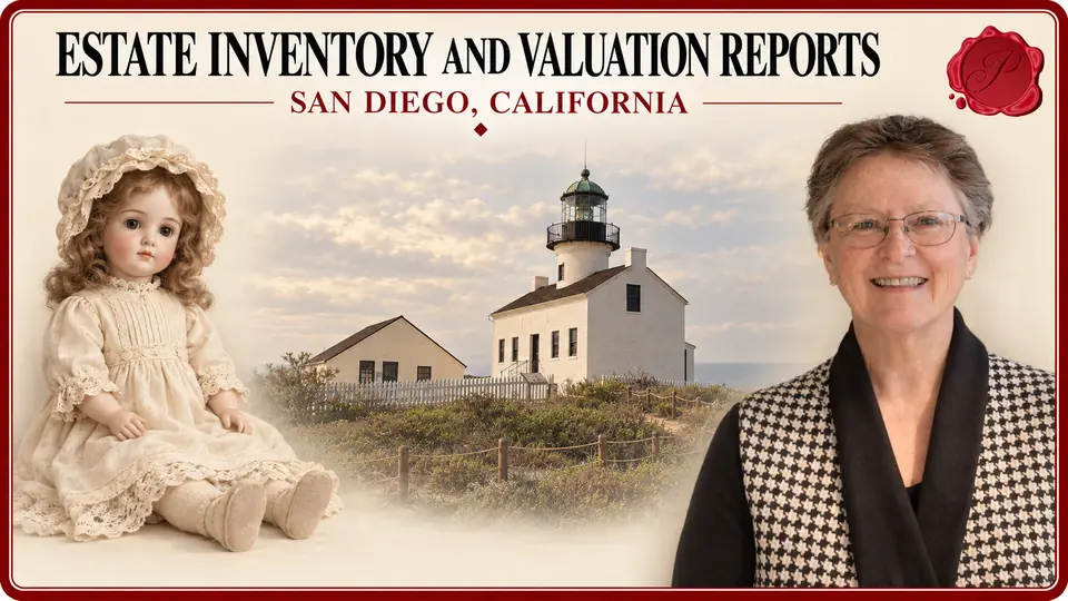 Estate Inventory and Valuation Reports card with a porcelain doll wearing an ivory dress and bonnet, an appraiser portrait and Old Point Loma Lighthouse in San Diego, California.