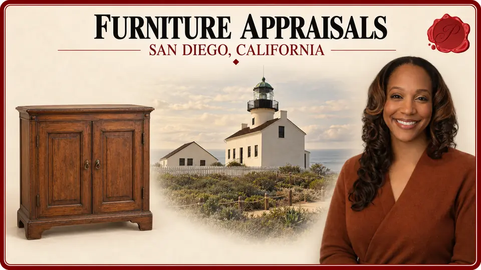 Furniture Appraisals card with a two-door wooden cabinet, an appraiser portrait and Old Point Loma Lighthouse in San Diego, California.