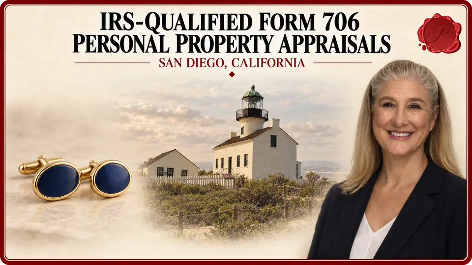 IRS-Qualified Form 706 Personal Property Appraisals card with a matched pair of blue enamel gold cufflinks, an appraiser portrait and Old Point Loma Lighthouse in San Diego, California.