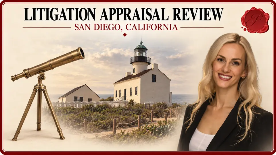 Litigation Appraisal Review card with a brass telescope on its integral tripod mount, an appraiser portrait and Old Point Loma Lighthouse in San Diego, California.