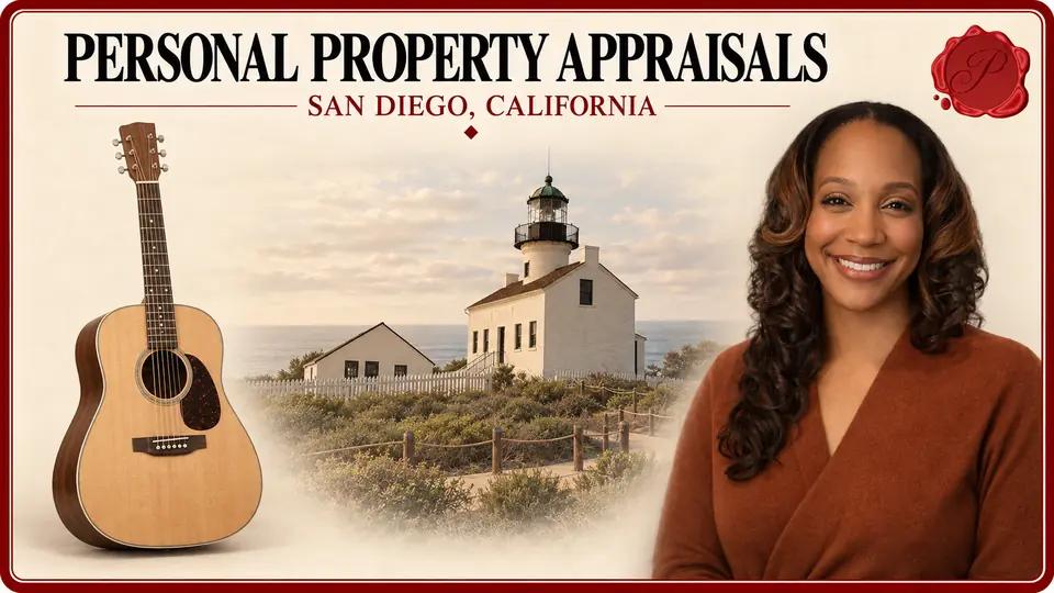 Personal Property Appraisals card with a natural-wood acoustic guitar, an appraiser portrait and Old Point Loma Lighthouse in San Diego, California.
