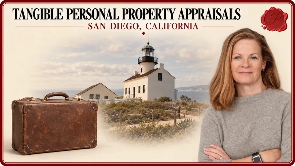 Tangible Personal Property Appraisals card with a closed brown leather suitcase, an appraiser portrait and Old Point Loma Lighthouse in San Diego, California.