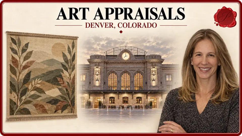 Art Appraisals card with a woven botanical tapestry with abstract hills, an appraiser portrait and Union Station in Denver, Colorado.