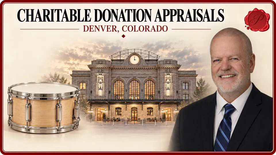Charitable Donation Appraisals card with a wooden snare drum with metal fittings, an appraiser portrait and Union Station in Denver, Colorado.
