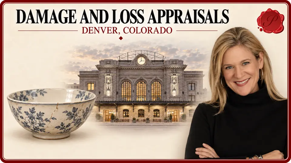 Damage and Loss Appraisals card with a cream ceramic bowl with blue botanical decoration and a crack, an appraiser portrait and Union Station in Denver, Colorado.