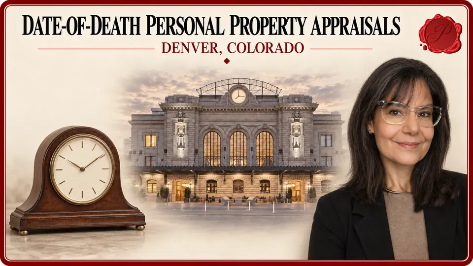 Date-of-Death Personal Property Appraisals card with a wooden mantel clock with an unnumbered dial, an appraiser portrait and Union Station in Denver, Colorado.