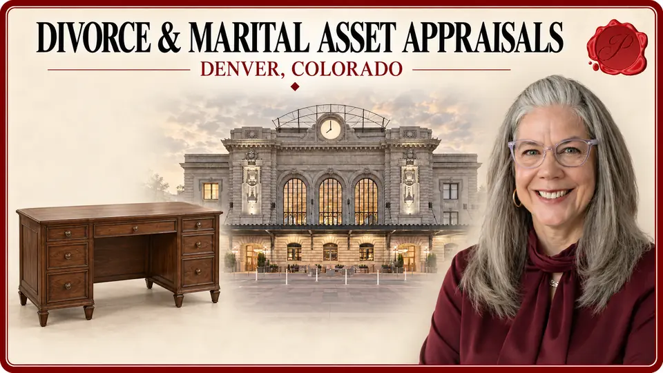 Divorce & Marital Asset Appraisals card with a walnut writing desk with an empty top, an appraiser portrait and Union Station in Denver, Colorado.