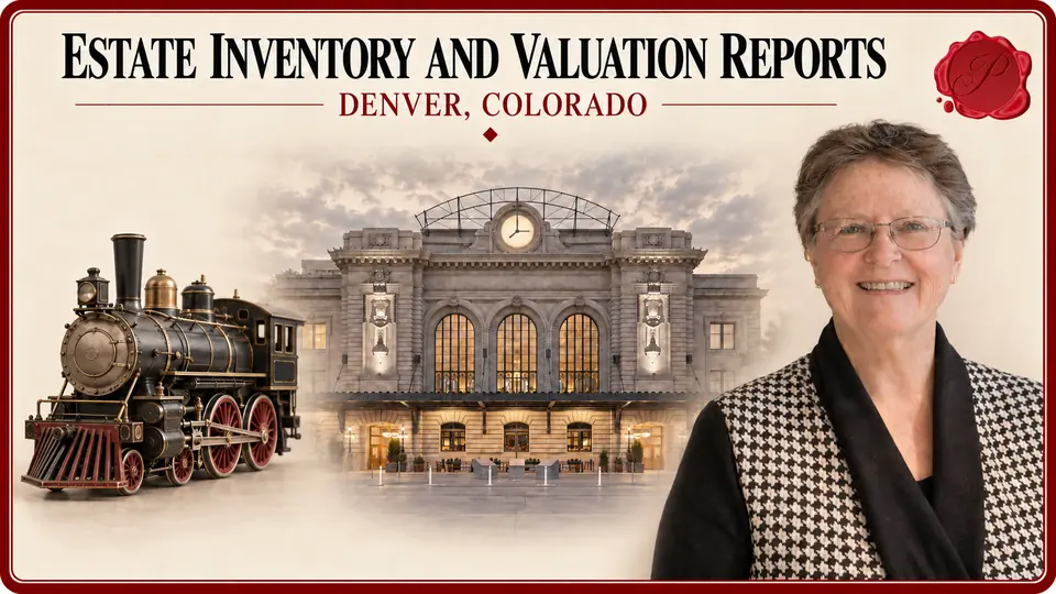 Estate Inventory and Valuation Reports card with a vintage model steam locomotive, an appraiser portrait and Union Station in Denver, Colorado.