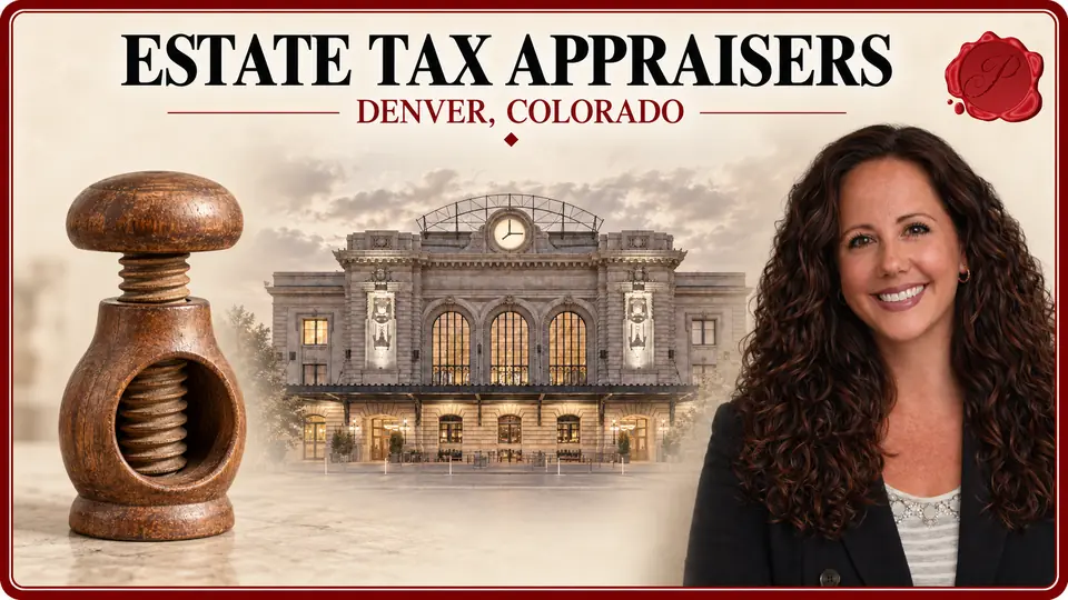 Estate Tax Appraisers card with a carved wooden screw-type nutcracker, an appraiser portrait and Union Station in Denver, Colorado.