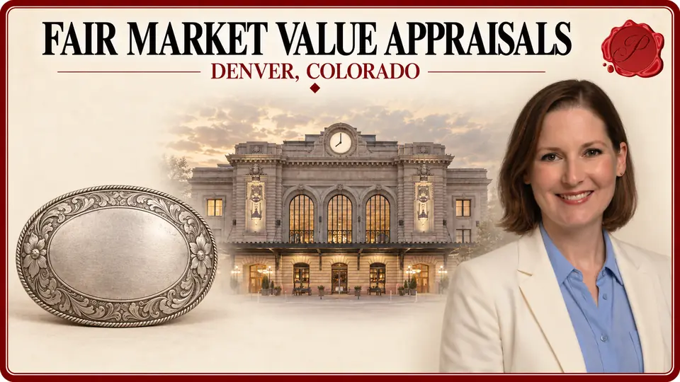 Fair Market Value Appraisals card with an oval silver belt buckle with floral engraving, an appraiser portrait and Union Station in Denver, Colorado.