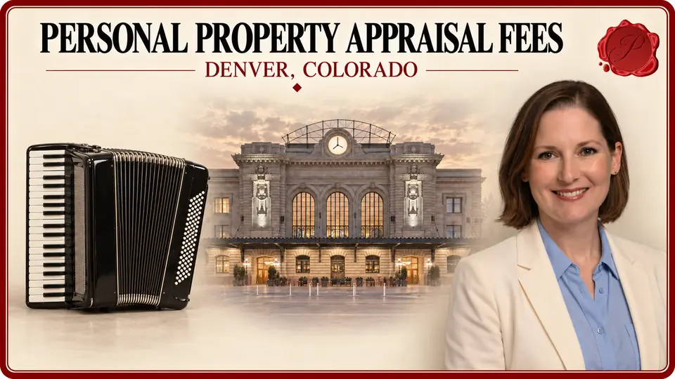 Personal Property Appraisal Fees card with a black piano accordion with extended bellows, an appraiser portrait and Union Station in Denver, Colorado.
