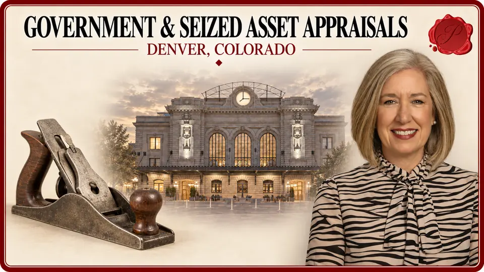 Government & Seized Asset Appraisals card with a vintage metal hand plane with wooden handles, an appraiser portrait and Union Station in Denver, Colorado.