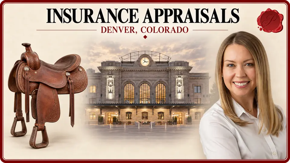 Insurance Appraisals card with a tooled brown leather western saddle, an appraiser portrait and Union Station in Denver, Colorado.