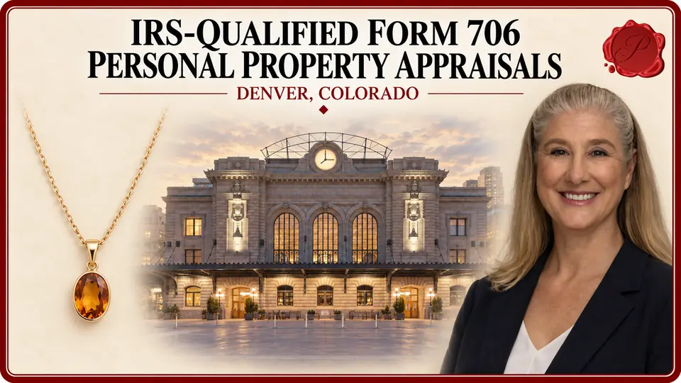 IRS-Qualified Form 706 Personal Property Appraisals card with a gold necklace with an amber-colored oval pendant, an appraiser portrait and Union Station in Denver, Colorado.