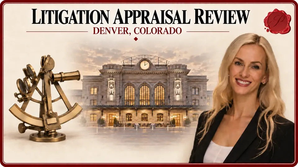 Litigation Appraisal Review card with a brass sextant with blank scale surfaces, an appraiser portrait and Union Station in Denver, Colorado.