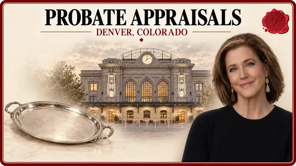 Probate Appraisals card with an empty oval silver serving tray with integral handles, an appraiser portrait and Union Station in Denver, Colorado.