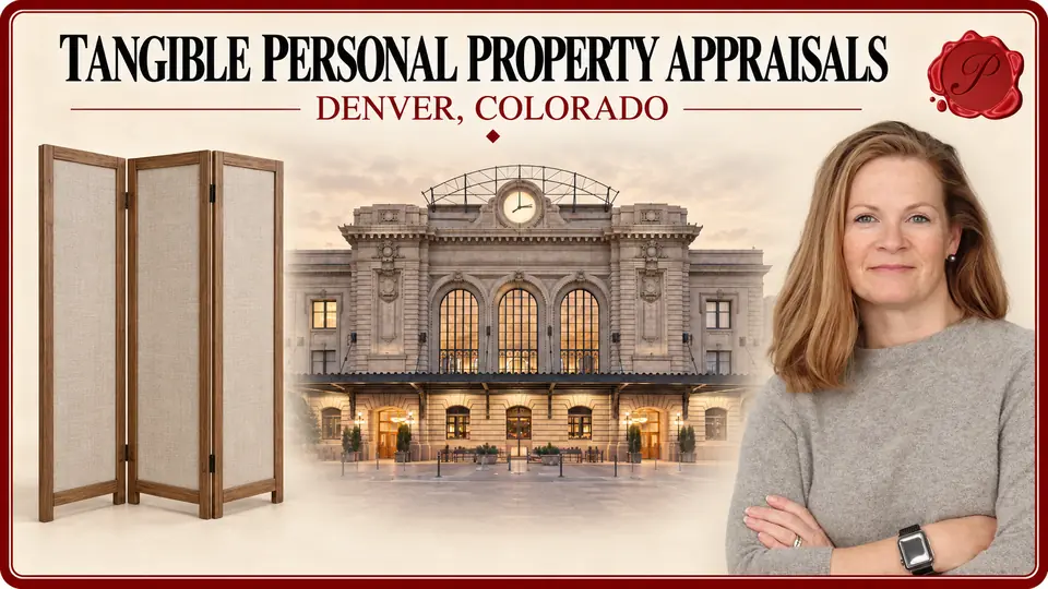 Tangible Personal Property Appraisals card with a three-panel wooden room divider with linen panels, an appraiser portrait and Union Station in Denver, Colorado.