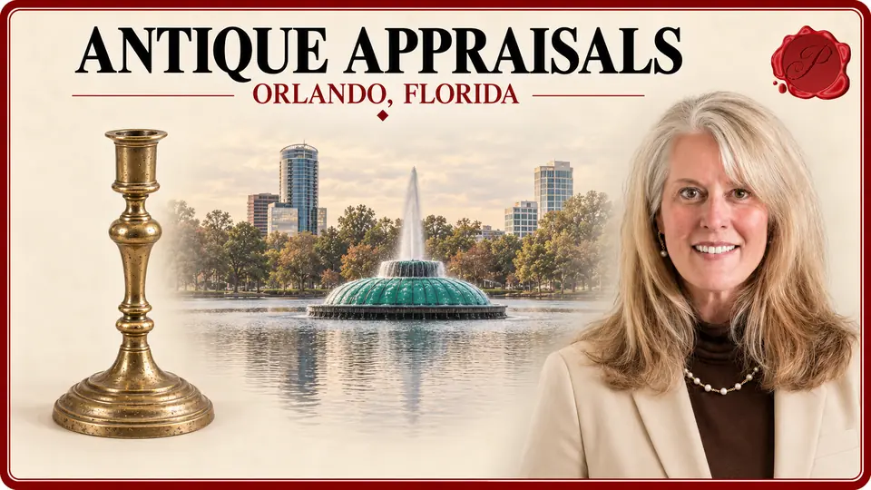 Antique Appraisals in Orlando, Florida Antique Appraisals in Orlando, Florida, with a brass candlestick, an appraiser portrait and Lake Eola fountain.