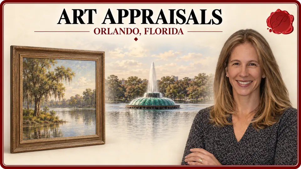 Art Appraisals in Orlando, Florida Art Appraisals in Orlando, Florida, with an unsigned framed landscape painting, an appraiser portrait and Lake Eola fountain.