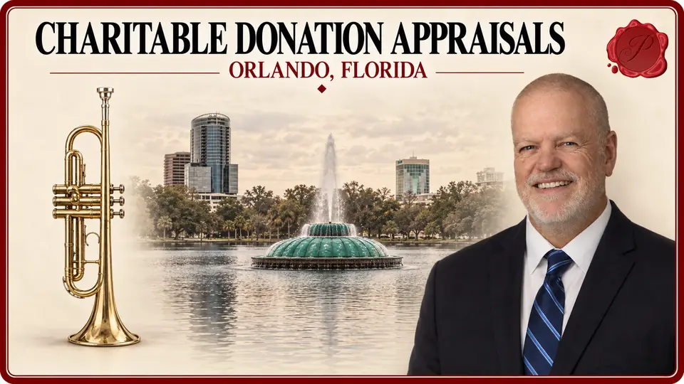 Charitable Donation Appraisals in Orlando, Florida Charitable Donation Appraisals in Orlando, Florida, with a brass trumpet, an appraiser portrait and Lake Eola fountain.