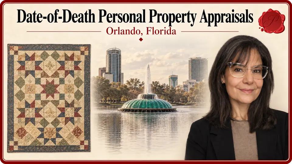 Date-of-Death Personal Property Appraisals in Orlando, Florida Date-of-Death Personal Property Appraisals in Orlando, Florida, with a patchwork quilt, an appraiser portrait and Lake Eola fountain.