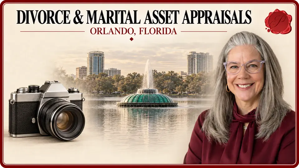 Divorce & Marital Asset Appraisals in Orlando, Florida Divorce & Marital Asset Appraisals in Orlando, Florida, with a vintage camera, an appraiser portrait and Lake Eola fountain.