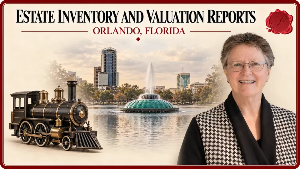 Estate Inventory and Valuation Reports in Orlando, Florida Estate Inventory and Valuation Reports in Orlando, Florida, with a miniature steam locomotive, an appraiser portrait and Lake Eola fountain.