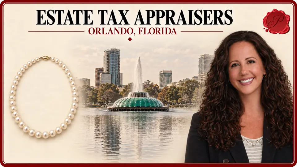 Estate Tax Appraisers in Orlando, Florida Estate Tax Appraisers in Orlando, Florida, with a pearl necklace, an appraiser portrait and Lake Eola fountain.