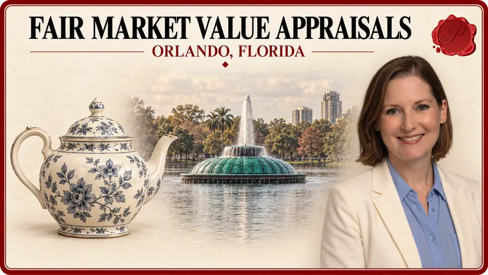 Fair Market Value Appraisals in Orlando, Florida Fair Market Value Appraisals in Orlando, Florida, with a blue-and-white floral teapot, an appraiser portrait and Lake Eola fountain.