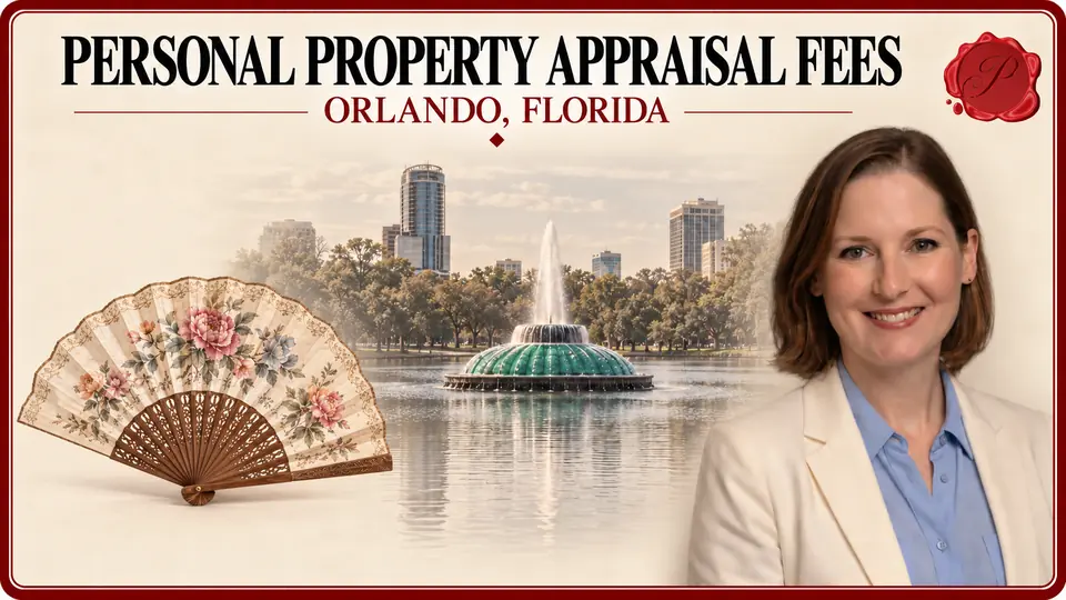 Personal Property Appraisal Fees in Orlando, Florida Personal Property Appraisal Fees in Orlando, Florida, with an open floral folding fan, an appraiser portrait and Lake Eola fountain.