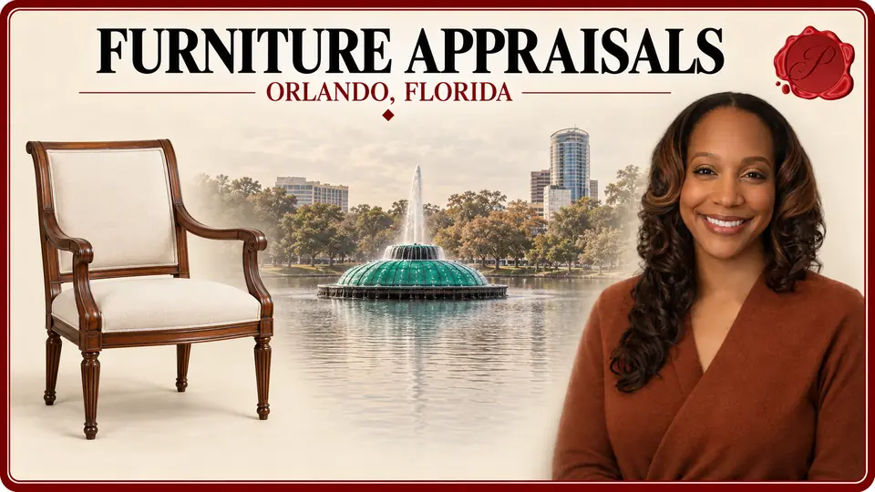 Furniture Appraisals in Orlando, Florida Furniture Appraisals in Orlando, Florida, with a walnut armchair, an appraiser portrait and Lake Eola fountain.