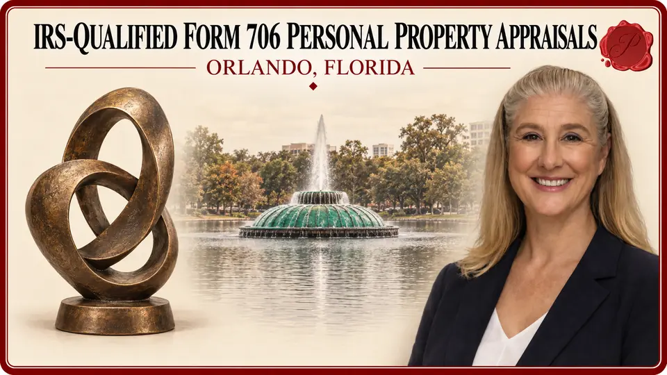 IRS-Qualified Form 706 Personal Property Appraisals in Orlando, Florida IRS-Qualified Form 706 Personal Property Appraisals in Orlando, Florida, with a bronze abstract loop sculpture, an appraiser portrait and Lake Eola fountain.