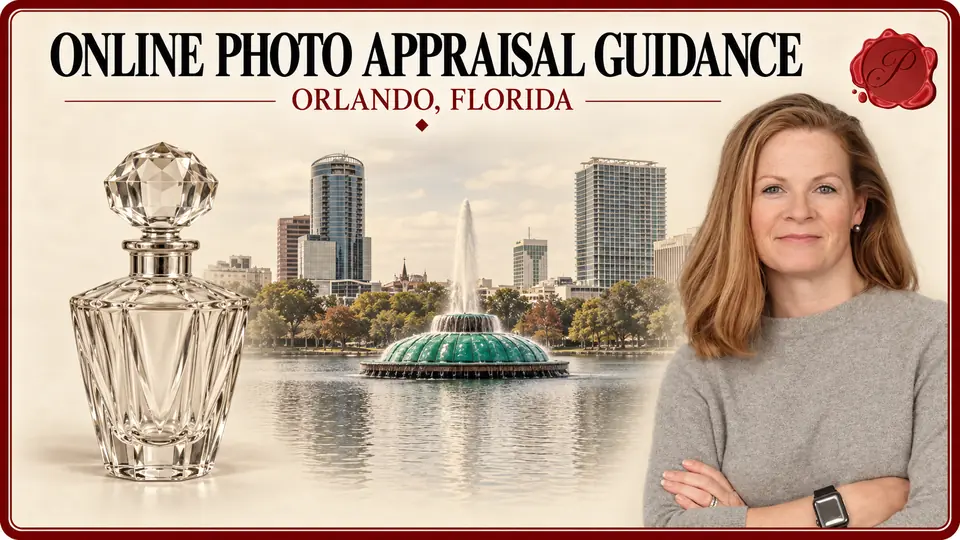 Online Photo Appraisal Guidance in Orlando, Florida Online Photo Appraisal Guidance in Orlando, Florida, with a clear perfume bottle with a faceted stopper, an appraiser portrait and Lake Eola fountain.