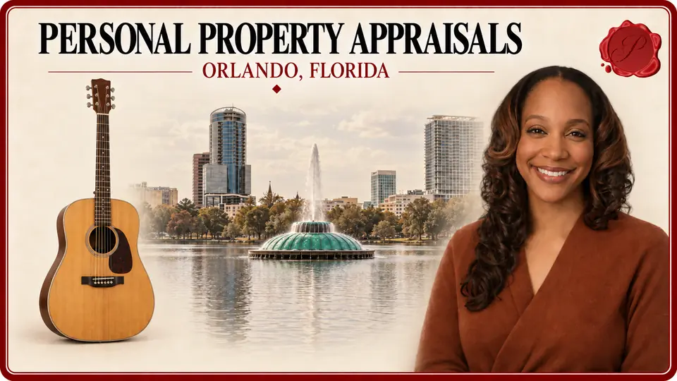 Personal Property Appraisals in Orlando, Florida Personal Property Appraisals in Orlando, Florida, with an acoustic guitar, an appraiser portrait and Lake Eola fountain.