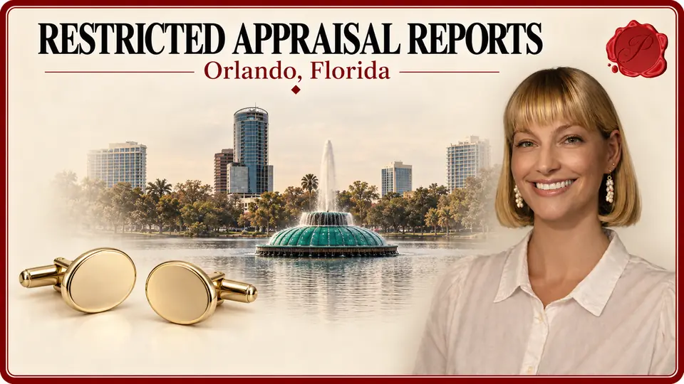 Restricted Appraisal Reports in Orlando, Florida Restricted Appraisal Reports in Orlando, Florida, with a pair of plain gold cufflinks, an appraiser portrait and Lake Eola fountain.