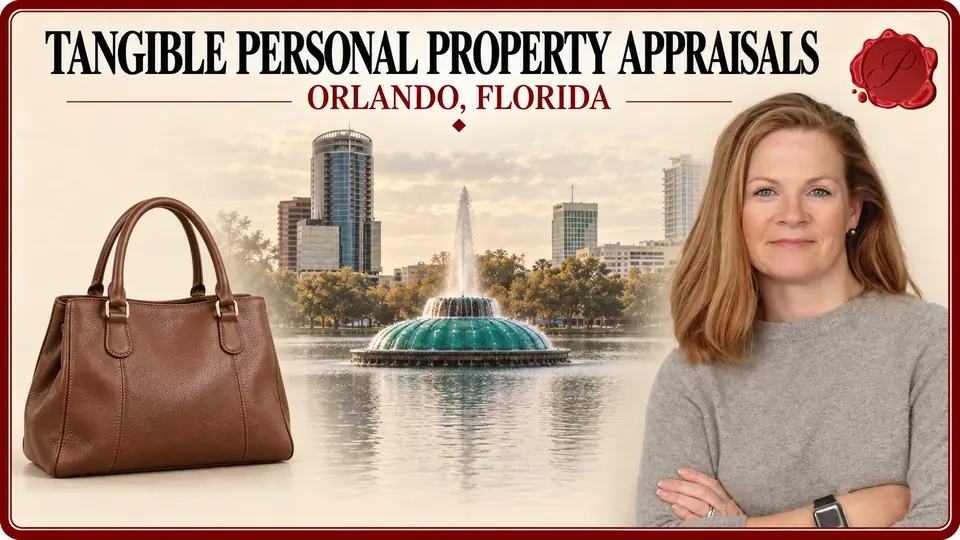 Tangible Personal Property Appraisals in Orlando, Florida Tangible Personal Property Appraisals in Orlando, Florida, with a brown leather handbag, an appraiser portrait and Lake Eola fountain.
