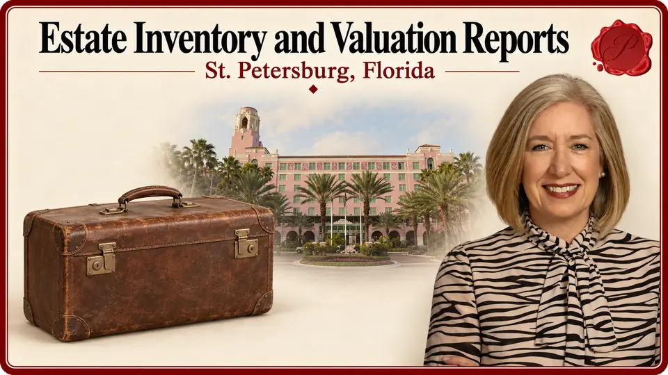 Estate Inventory and Valuation Reports in St. Petersburg, Florida, with a brown leather suitcase, an appraiser and the Vinoy Hotel.