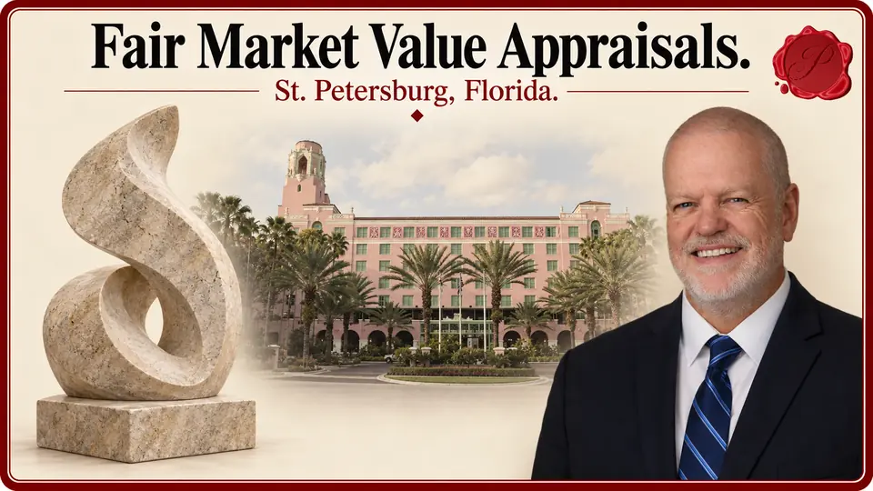 Fair Market Value Appraisals in St. Petersburg, Florida, with an abstract stone sculpture, an appraiser and the Vinoy Hotel.