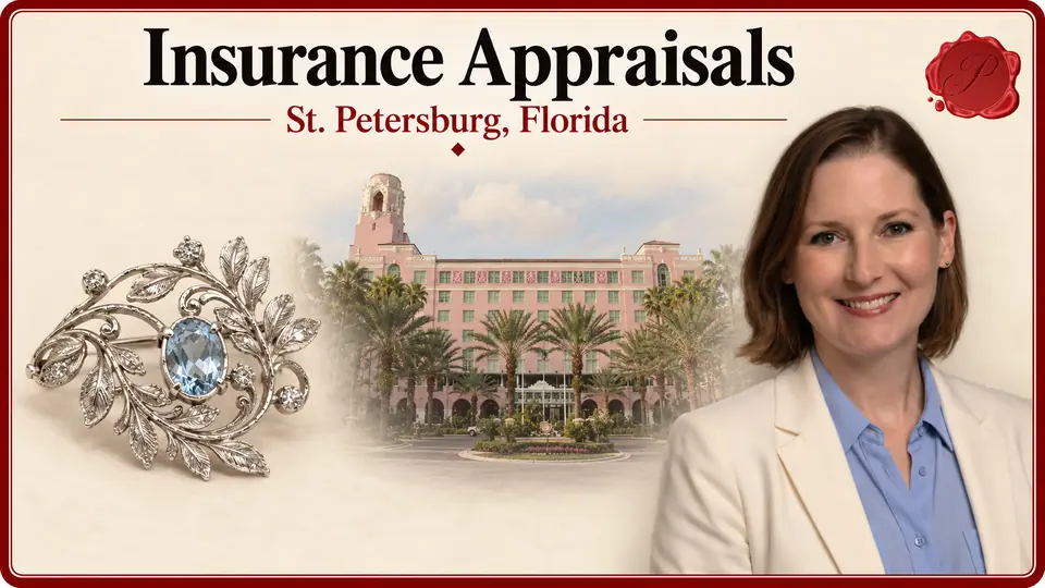 Insurance Appraisals in St. Petersburg, Florida, with a silver brooch with a pale blue gemstone, an appraiser and the Vinoy Hotel.
