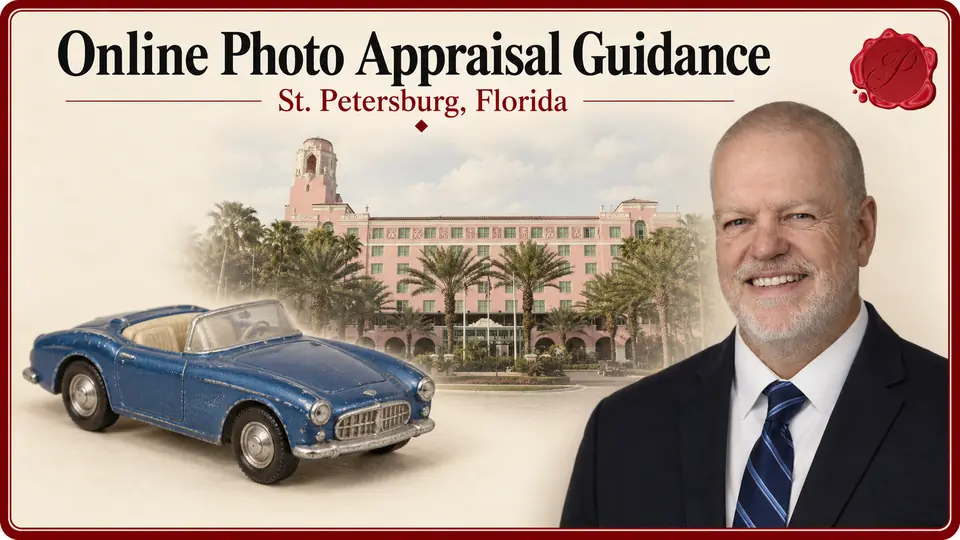 Online Photo Appraisal Guidance in St. Petersburg, Florida, with a blue toy roadster, an appraiser and the Vinoy Hotel.