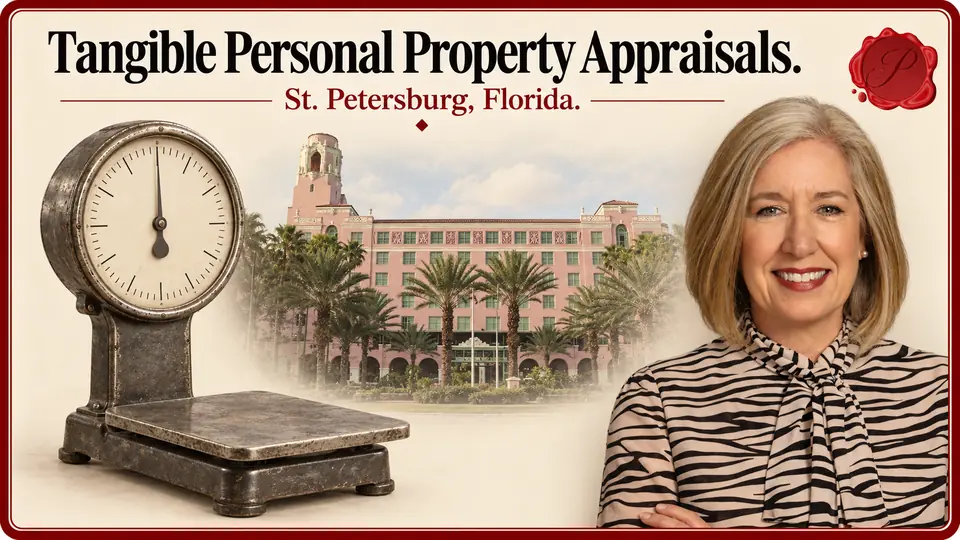 Tangible Personal Property Appraisals in St. Petersburg, Florida, with a vintage mechanical platform scale, an appraiser and the Vinoy Hotel.