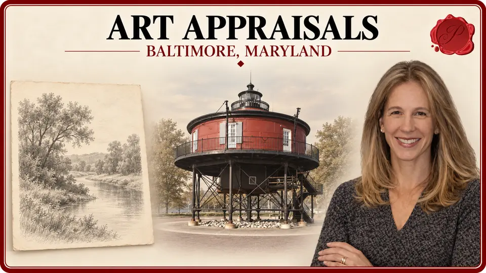 Art Appraisals card with an unframed pencil landscape drawing, an appraiser portrait and Seven Foot Knoll Lighthouse in Baltimore, Maryland.