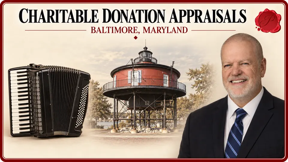 Charitable Donation Appraisals card with a black piano accordion, an appraiser portrait and Seven Foot Knoll Lighthouse in Baltimore, Maryland.