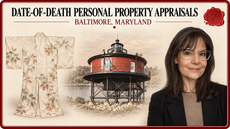 Date-of-Death Personal Property Appraisals card with a pale botanical silk kimono, an appraiser portrait and Seven Foot Knoll Lighthouse in Baltimore, Maryland.