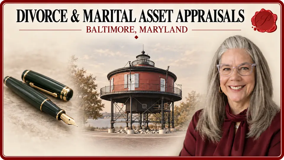 Divorce & Marital Asset Appraisals card with a dark green fountain pen with gold nib and matching cap, an appraiser portrait and Seven Foot Knoll Lighthouse in Baltimore, Maryland.