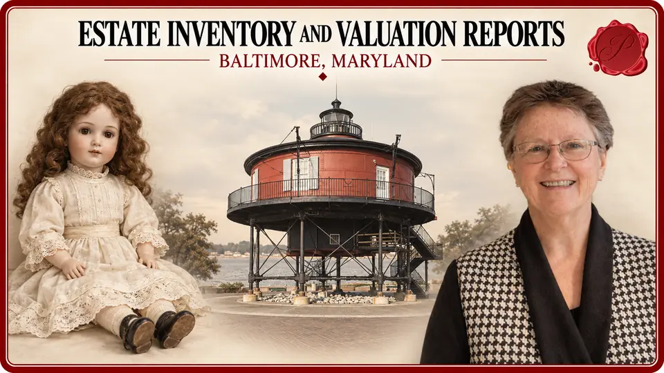 Estate Inventory and Valuation Reports card with an antique porcelain doll in a pale lace dress, an appraiser portrait and Seven Foot Knoll Lighthouse in Baltimore, Maryland.