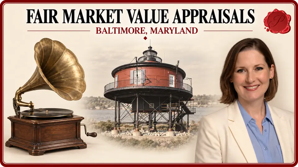 Fair Market Value Appraisals card with a wooden tabletop phonograph with brass horn and blank record, an appraiser portrait and Seven Foot Knoll Lighthouse in Baltimore, Maryland.