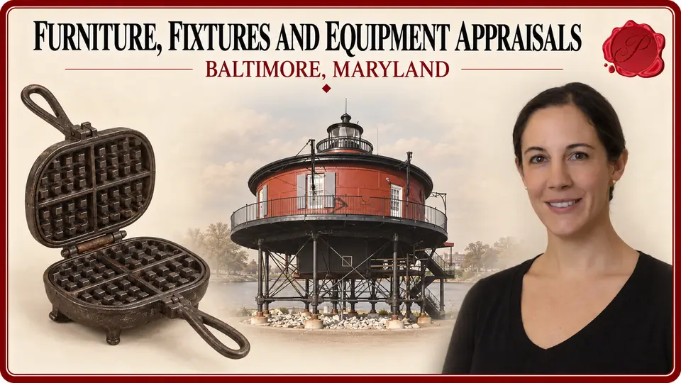 Furniture, Fixtures and Equipment Appraisals card with an open cast-iron waffle iron, an appraiser portrait and Seven Foot Knoll Lighthouse in Baltimore, Maryland.